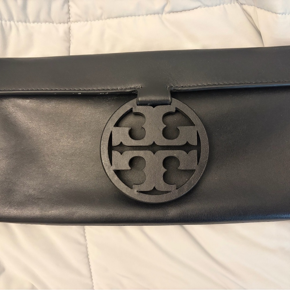 Tory Burch Black Leather Fold-Over Clutch with Gold Hardware